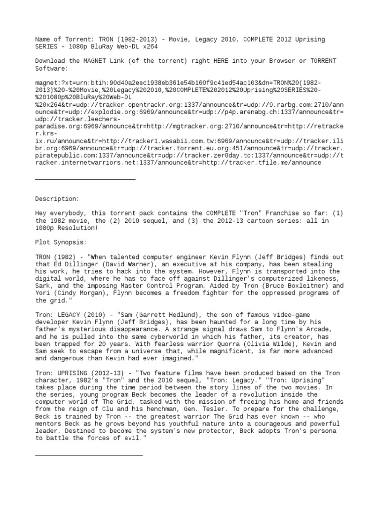 TRON (1982-2013) - Movie, Legacy 2010, COMPLETE 2012 Uprising SERIES - 1080p  BluRay Web-DL x264 | PDF