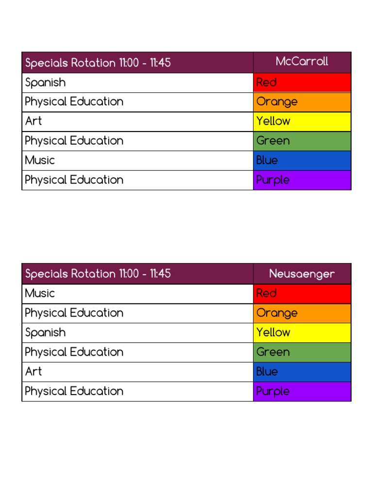 Specials Rotation Schedule 11:00-11:45 | PDF | Wellness