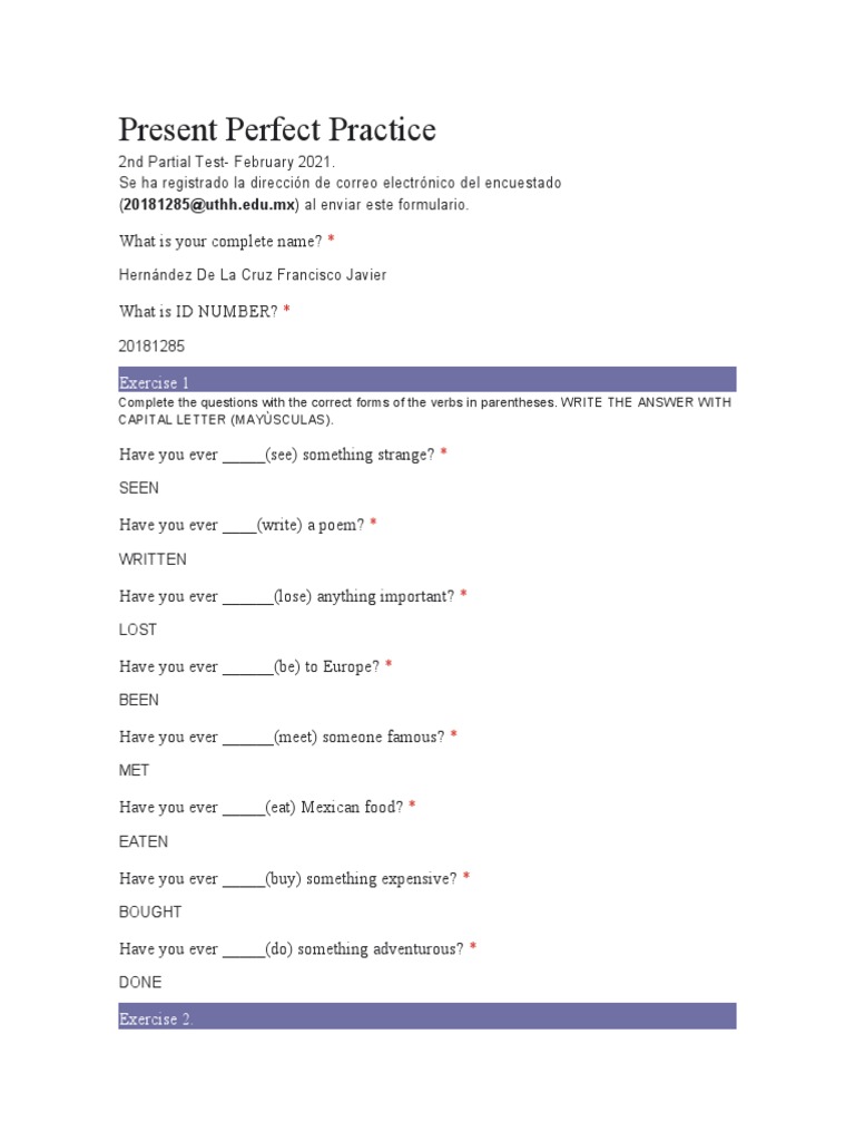 Present Perfect Practice: Exercise 1 | PDF