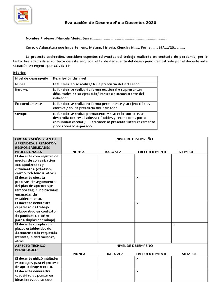 Pauta de Evaluacion Docente 2020 Completar | PDF | Evaluación | Cognición