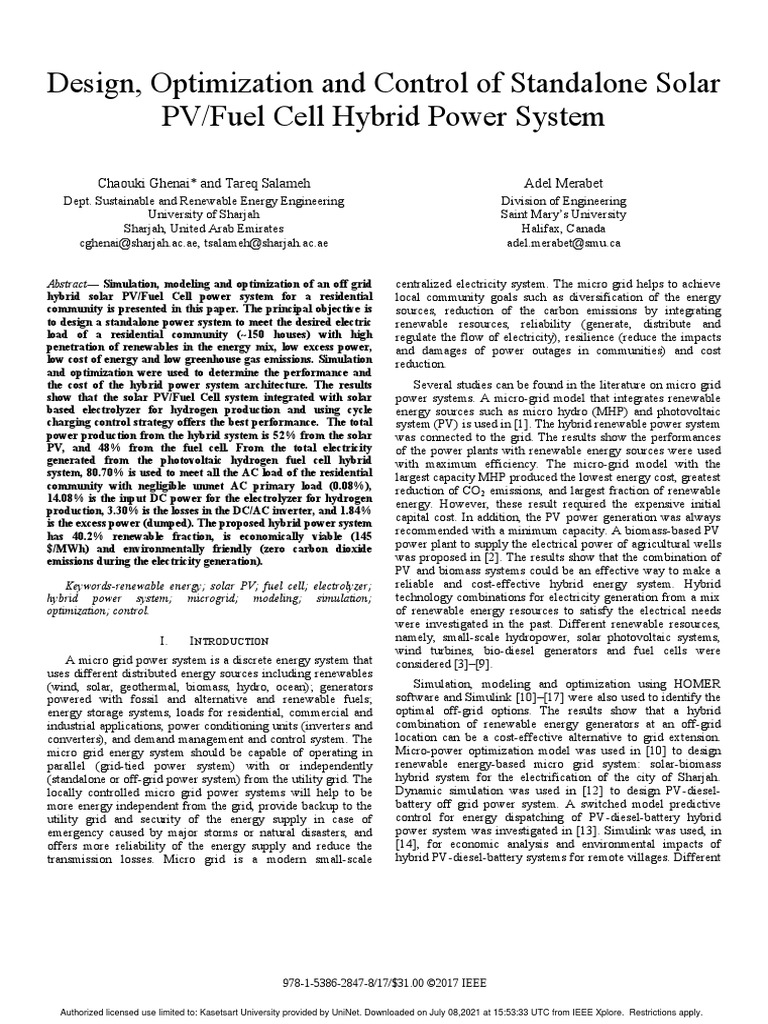 Design, Optimization and Control of Standalone Solar PV/Fuel Cell ...