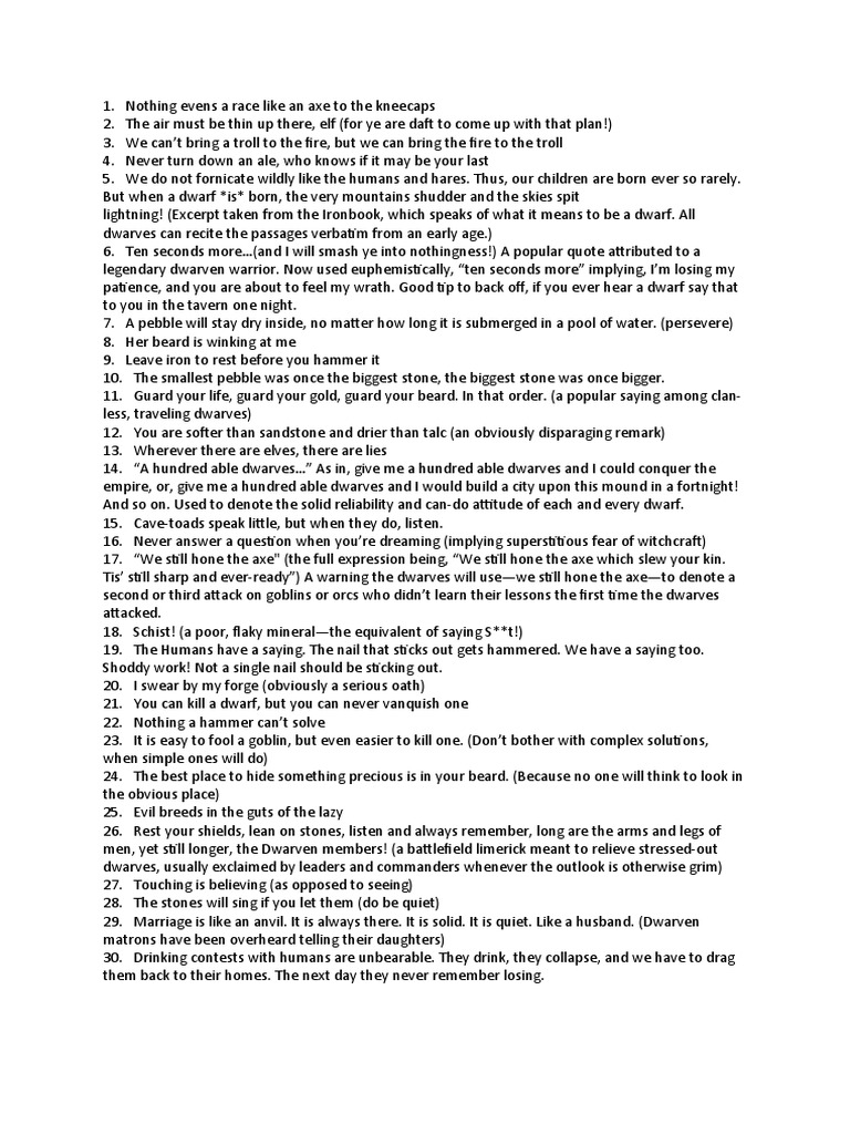 Dwarf Sayings | PDF | Dwarf (Dungeons & Dragons) | Elves