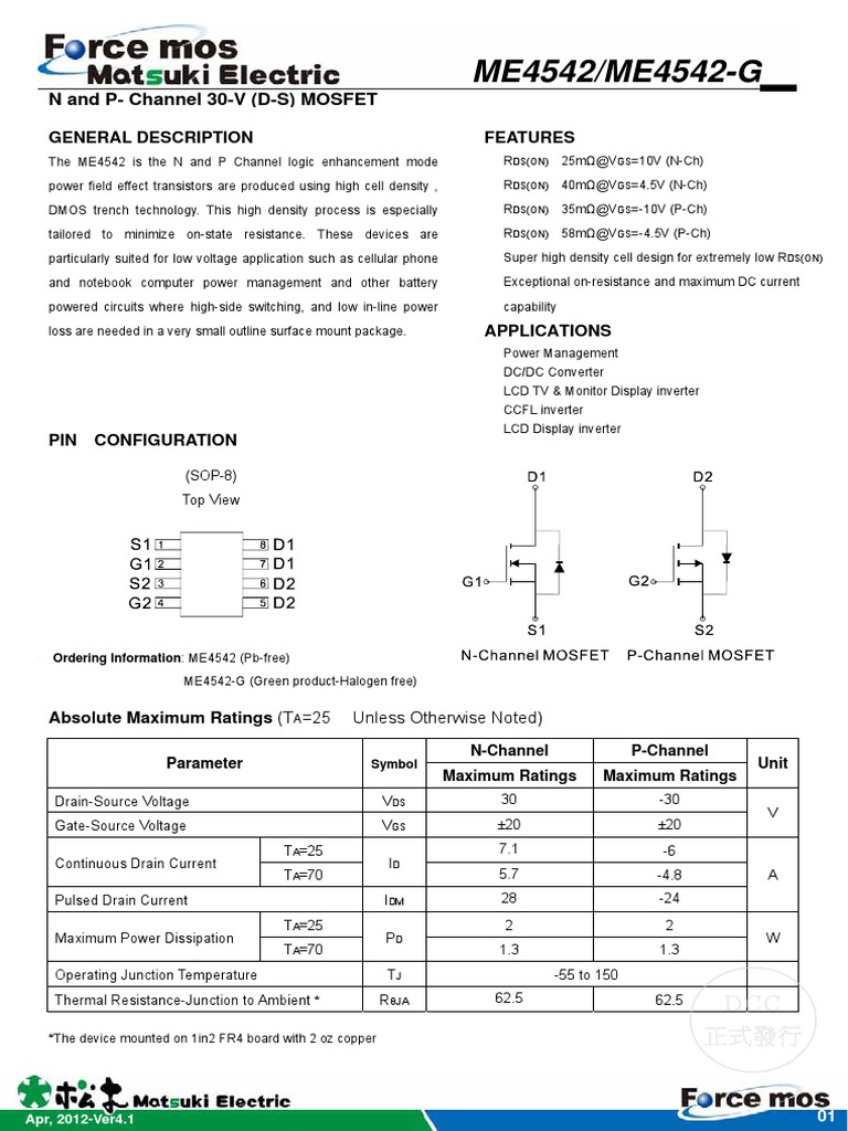 ME4542/ME4542-G: N and P-Channel 30-V (D-S) MOSFET | PDF | Field Effect ...
