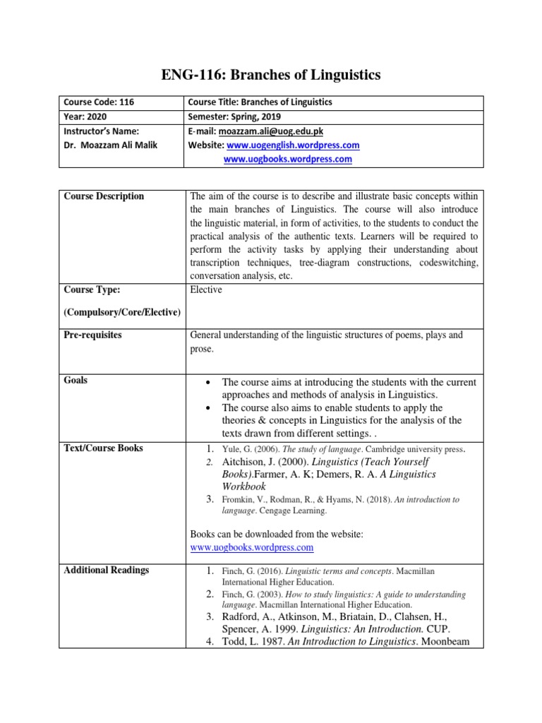 Branches of Linguistics Course Overview | PDF | Morphology (Linguistics ...