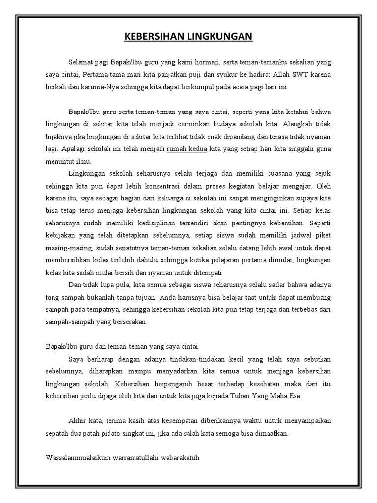 Pidato KEBERSIHAN LINGKUNGAN  PDF