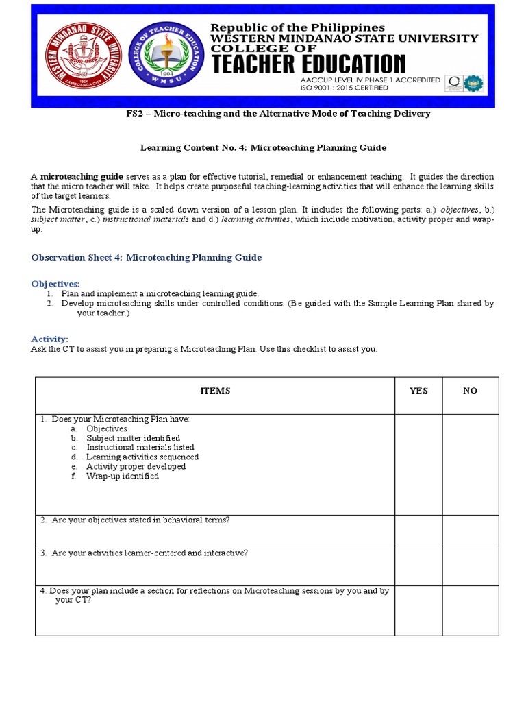 Microteaching Planning Guide Overview | PDF | Career & Growth