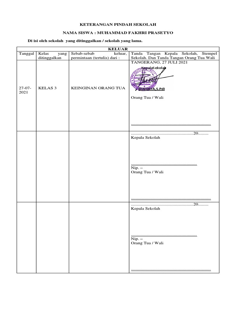 Raport keterangan pindah sekolah pdf