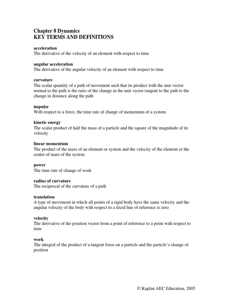 Chapter 8 Dynamics Key Terms and Definitions: Acceleration | PDF