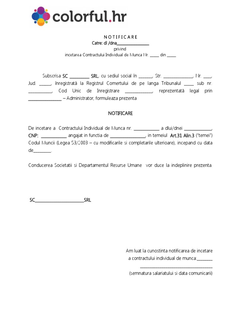 Notificare Incetare CIM Art. 31 | PDF
