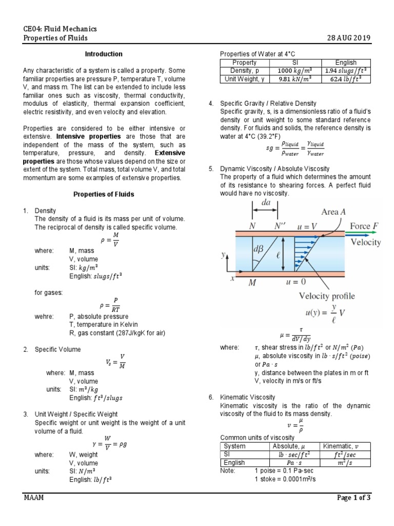 CE04 Fluid Mechanics Properties of Fluids | PDF | Density | Viscosity