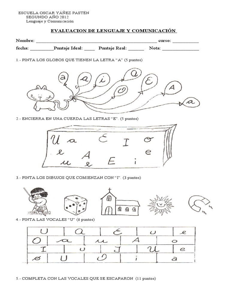 Evaluación de Vocales para Primer Grado | PDF | Artes del Lenguaje y ...