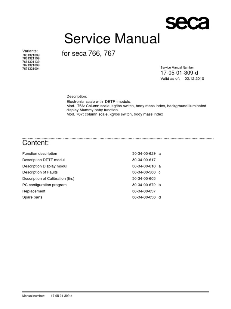 Seca 766/767 Scale Service Manual | PDF | Calibration | Power Supply