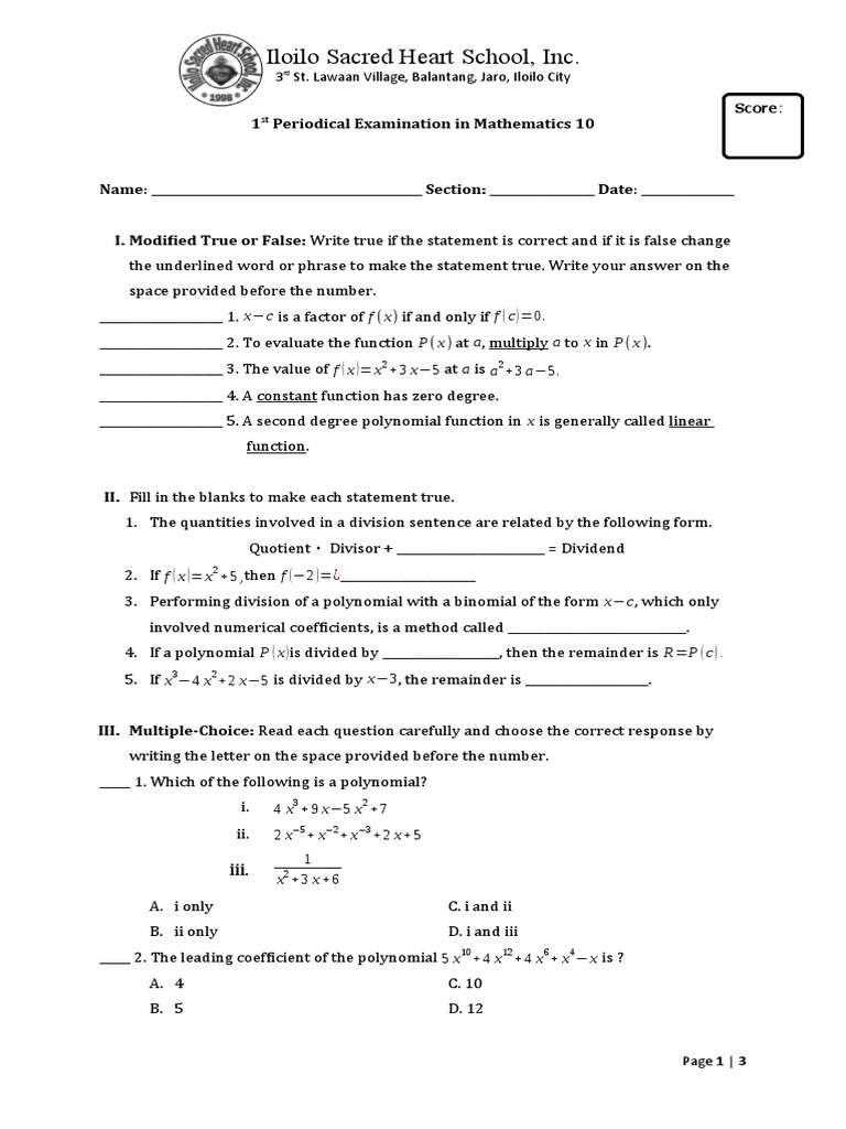 Math 10 Periodical Exam Review | PDF | Factorization | Polynomial