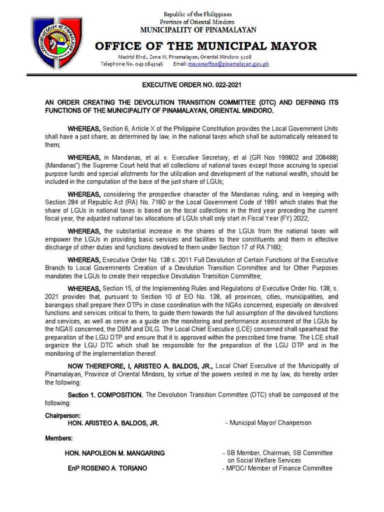 EXECUTIVE ORDER NO. 022 2021 Devolution Transition Committee | PDF ...