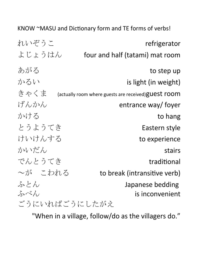 KNOW MASU and Dictionary Form and TE Forms of Verbs!: (Actually Room ...