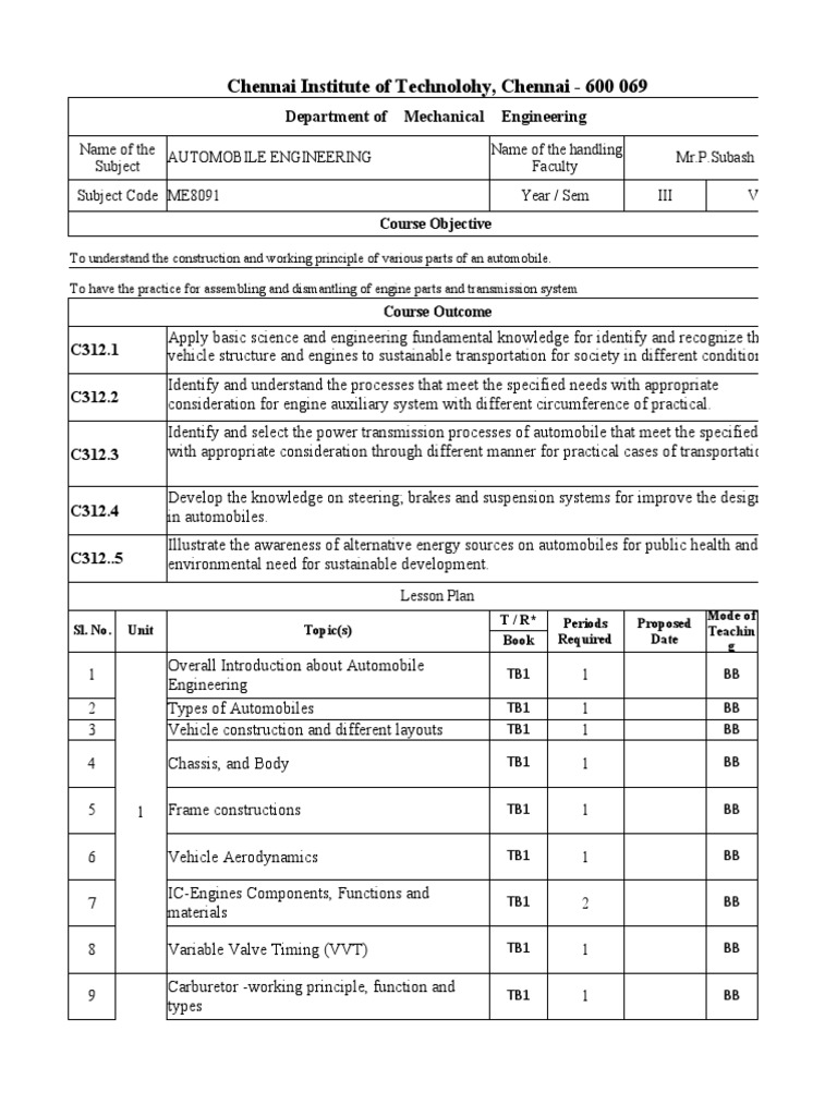 Automobile Engineering Lesson Plan Nba PDF Ignition System