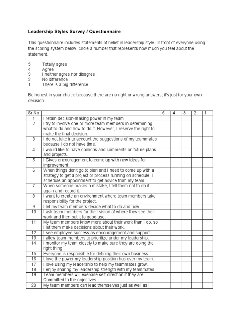 Leadership Styles Questionnaire PDF Leadership Leadership