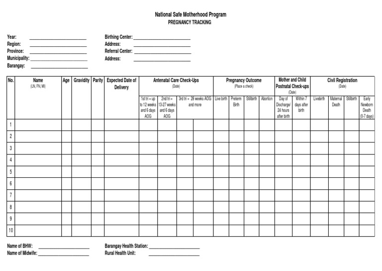 National Safe Motherhood Program (Date) (Date) (Place A Check) (LN, FN, MI) (Date) PDF