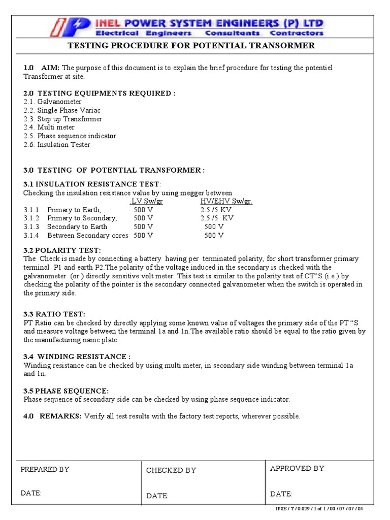 Testing Procedure For Potential Transormer: Prepared by | PDF