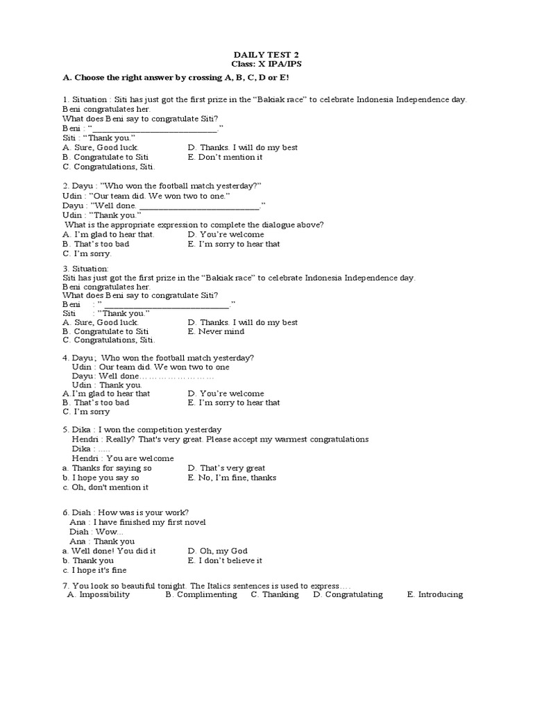 Daily Test 2 Kelas X Congratulating Pdf