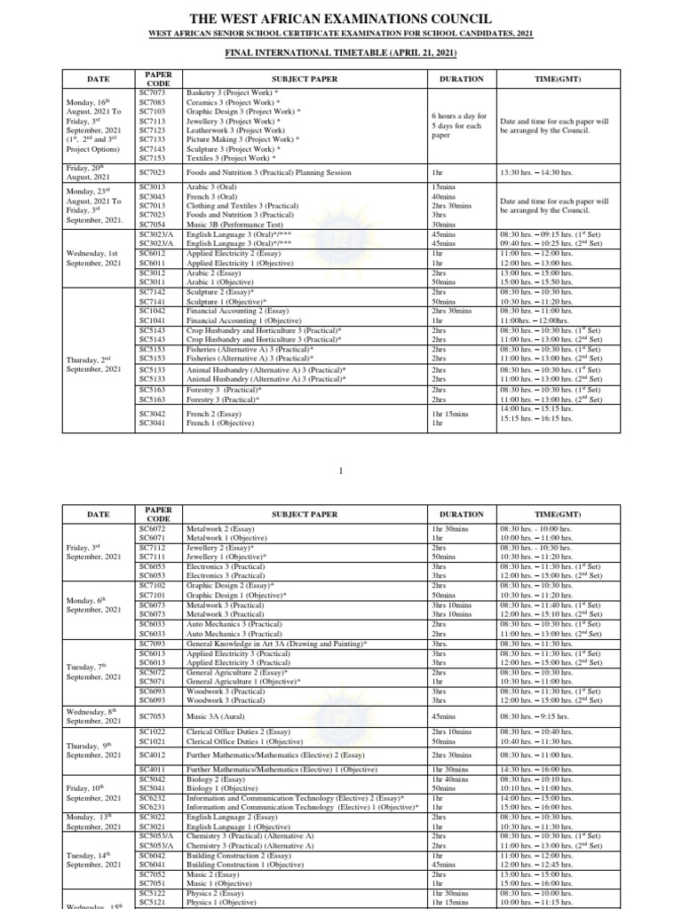 2021 Wassce Timetable Pdf