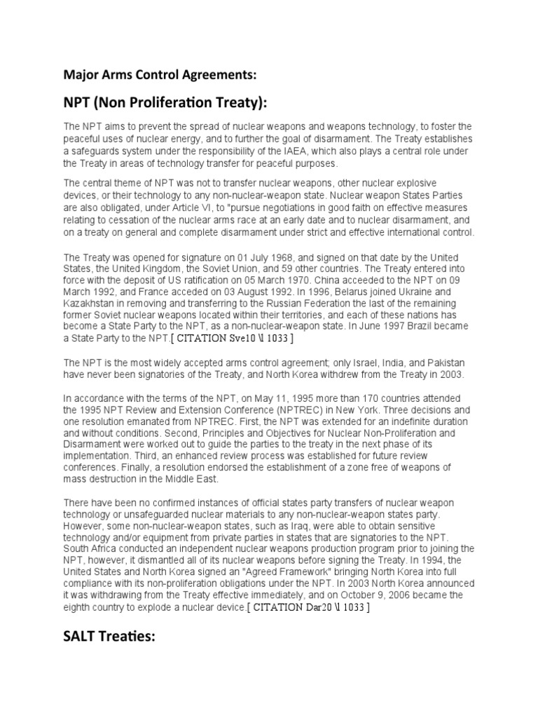 Major Nuclear Arms Control Treaties | PDF | Start I | Treaty On The Non ...