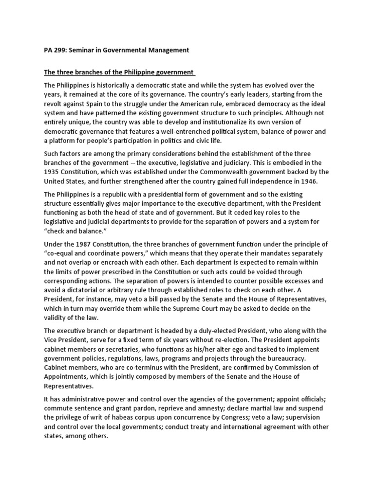 Philippine Government Structure Overview | PDF | Separation Of Powers ...
