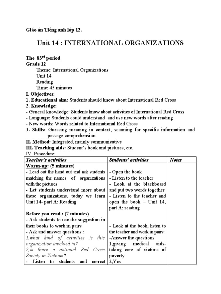 Unit 14: International Organizations | PDF | Teachers | Reading ...
