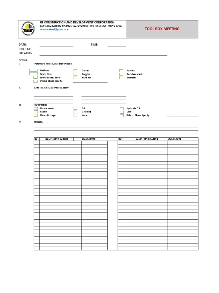 Toolbox Meeting Form PDF