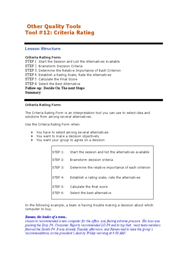 Criteria Rating Tool for Decision Making | PDF | Brainstorming ...