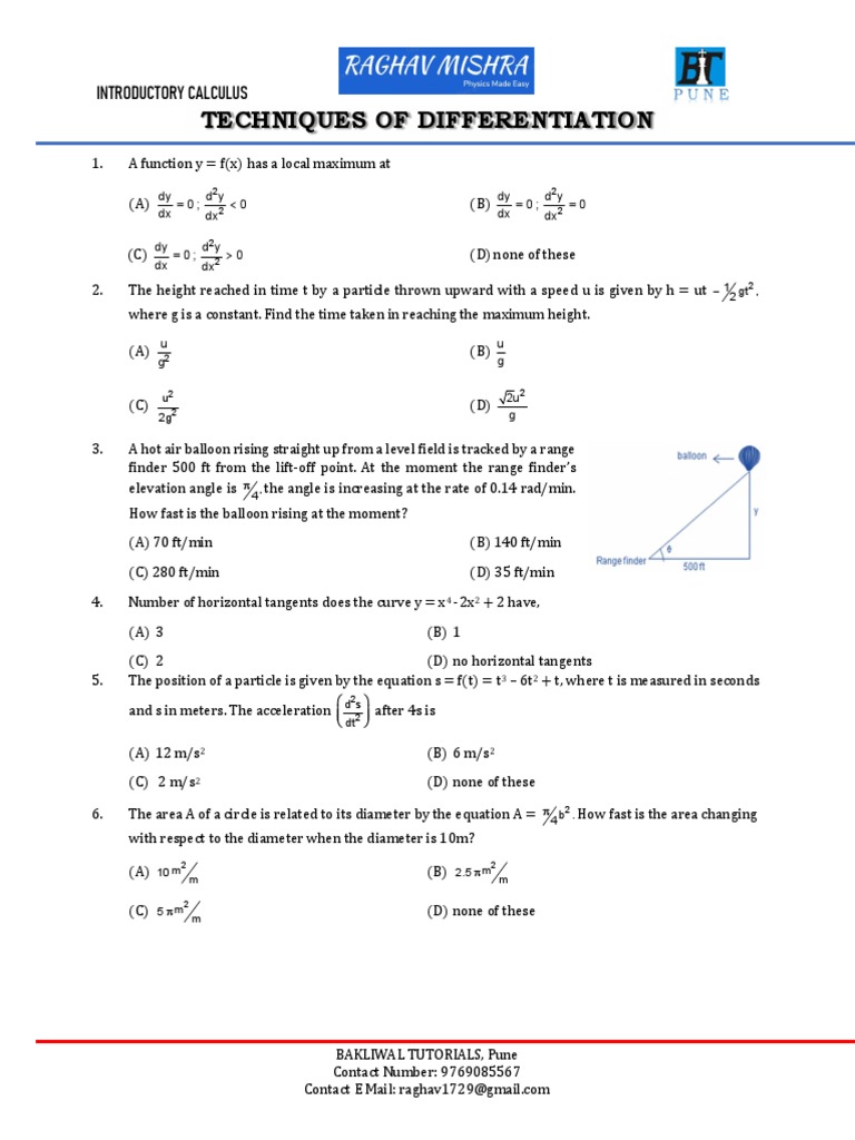Calculus Differentiation Techniques Quiz | PDF | Acceleration | Derivative