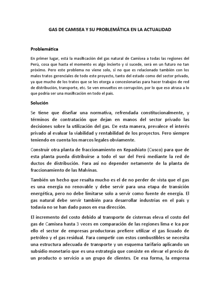 Gas de Camisea y Su Problemática en La Actualidad | PDF