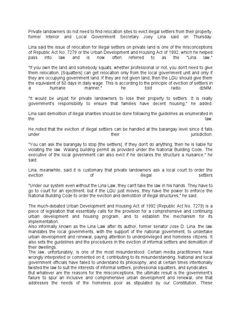 Misconception Lina Law PDF Squatting Eviction