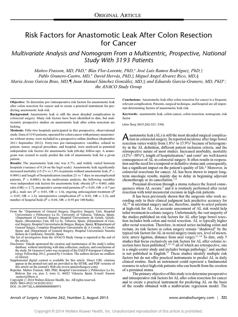 Article Risk Factor For Anastomotic Leak After Colon Resection For