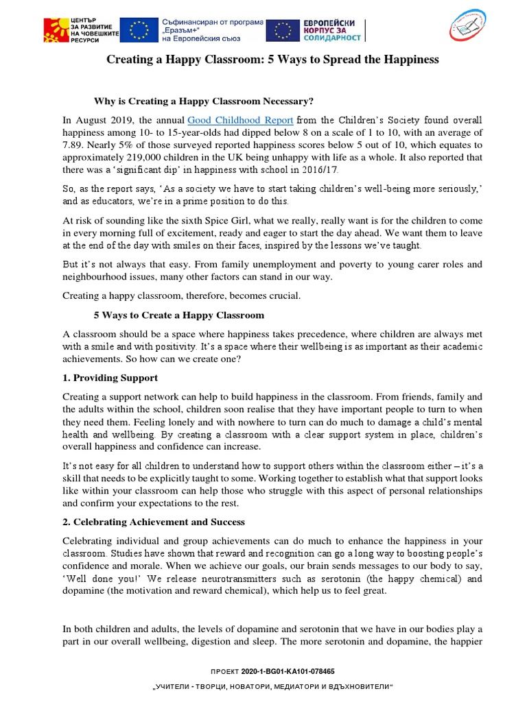Create A Happy Classroom Pdf Happiness Well Being
