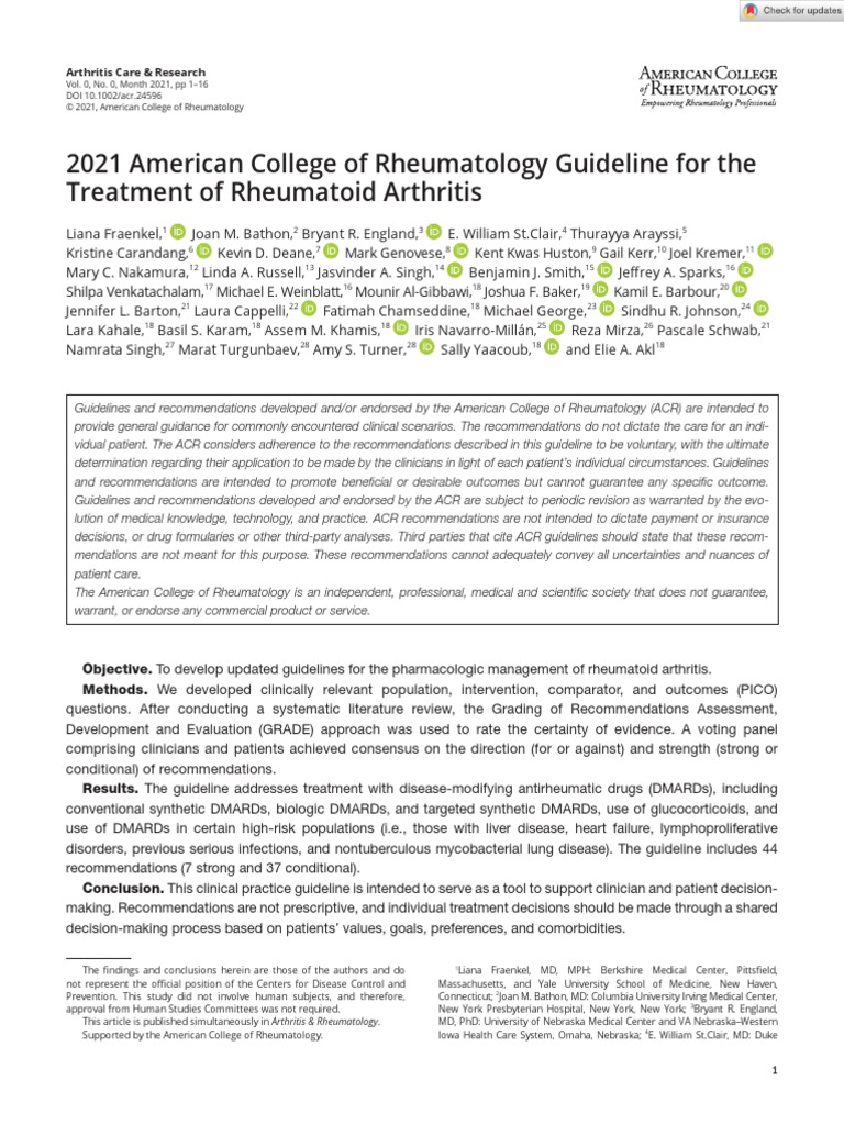 2021 ACR Guideline For Treatment Rheumatoid Arthritis Early View