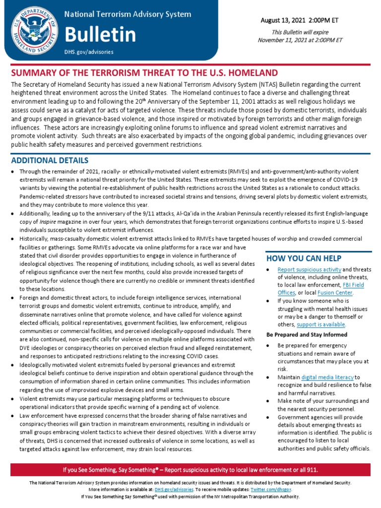 Bulletin Summary of The Terrorism Threat To The U.S. Homeland PDF