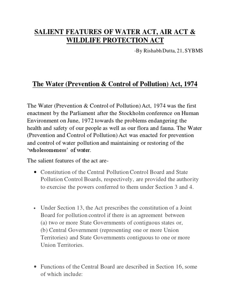 Salient Features of Water Act, Air Act and Wildlife Protection Act