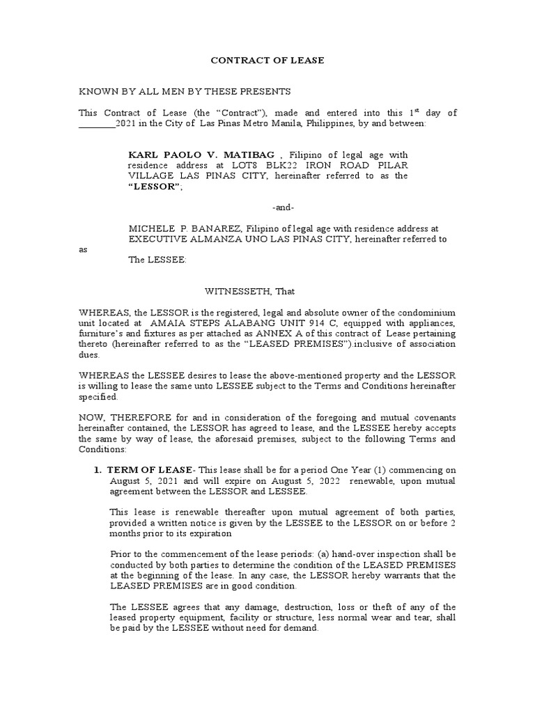 2021 Amaia 914C Contract of Lease August 8, 2021 PDF Lease Legal Liability