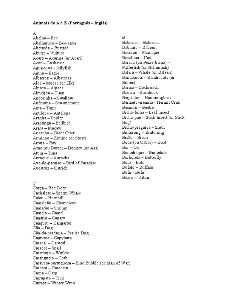Lista de Animais de A a Z | PDF | Natureza
