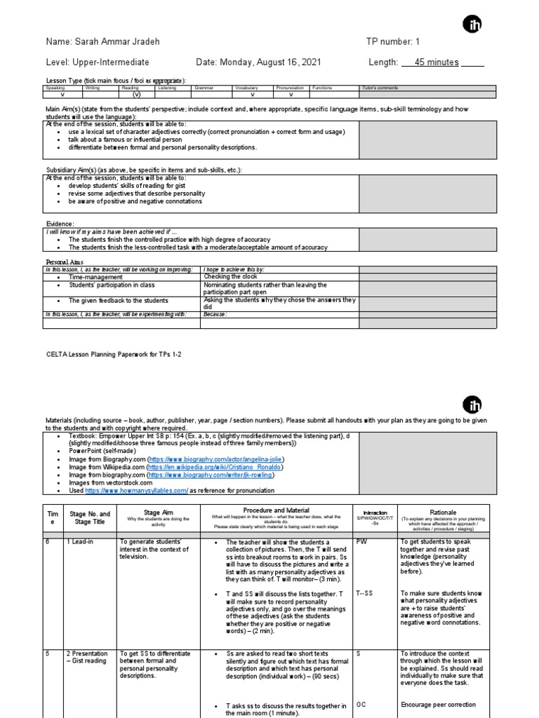 TP1 - Lesson Planning Paperwork | PDF | Stress (Linguistics ...