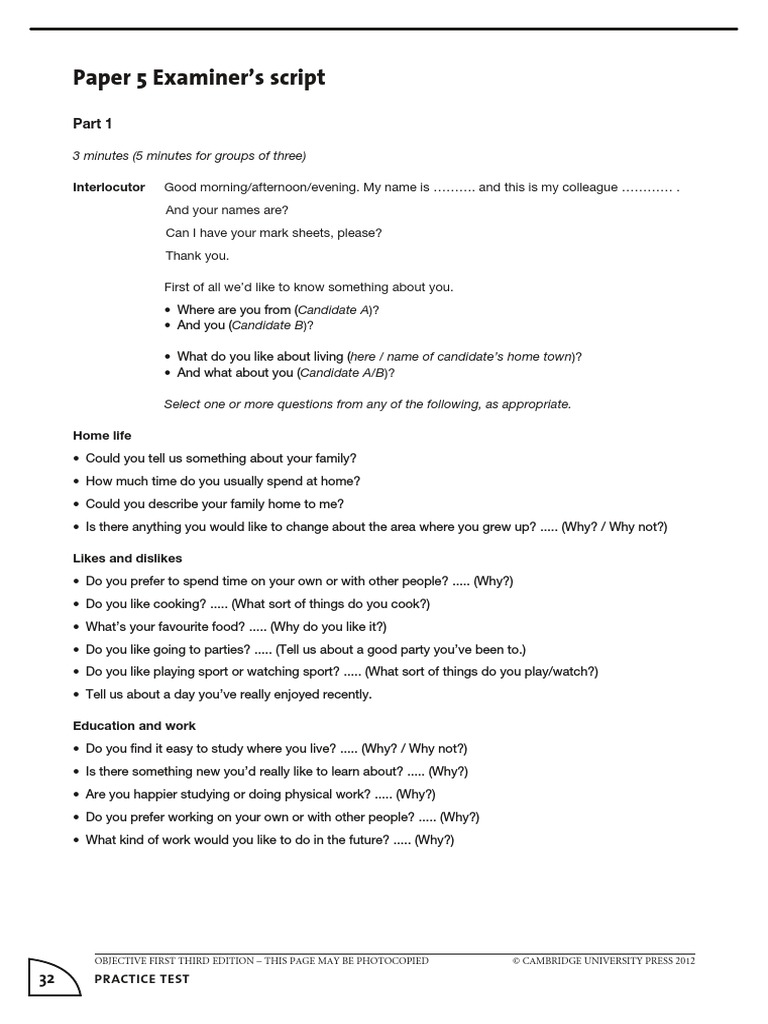 Paper 5 Examiner's Script: 3 Minutes (5 Minutes For Groups of Three) | PDF