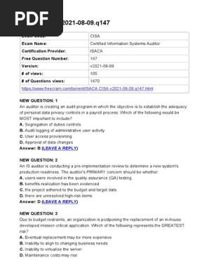 CISA Exam Questions and Answers Analysis | PDF | Audit
