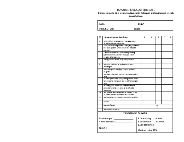 contoh penilaian prestasi kerja