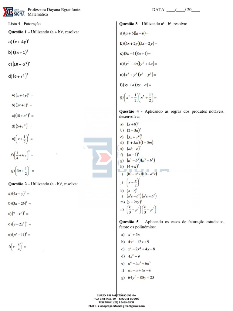 Lista de exercícios sobre fatoração e desenvolvimento de expressões ...