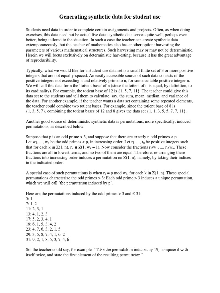 Generating Synthetic Data For Student Use | PDF | Prime Number | Mean