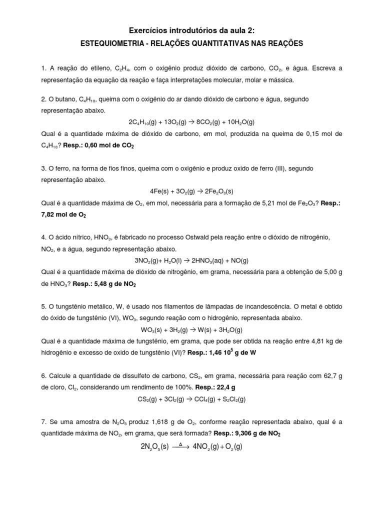 Exercícios de estequiometria envolvendo reações químicas e cálculos ...