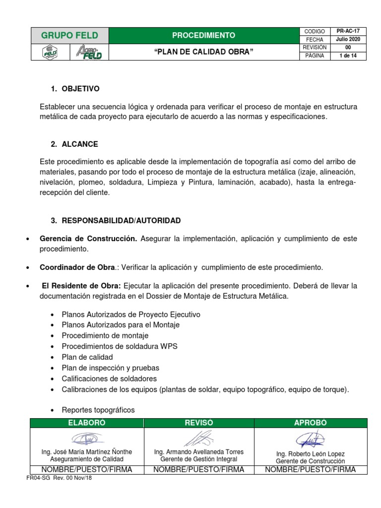 Plan de Calidad Obra | PDF | Tornillo | Soldadura