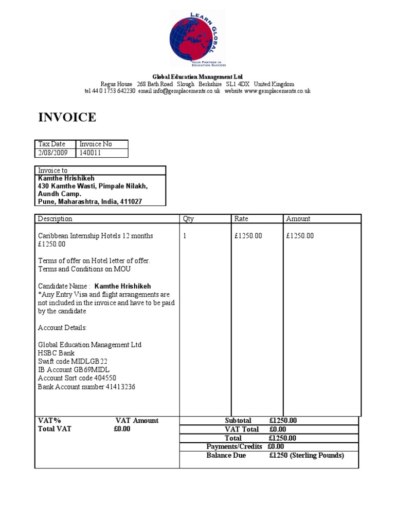 Internship Payment Invoice Details | PDF