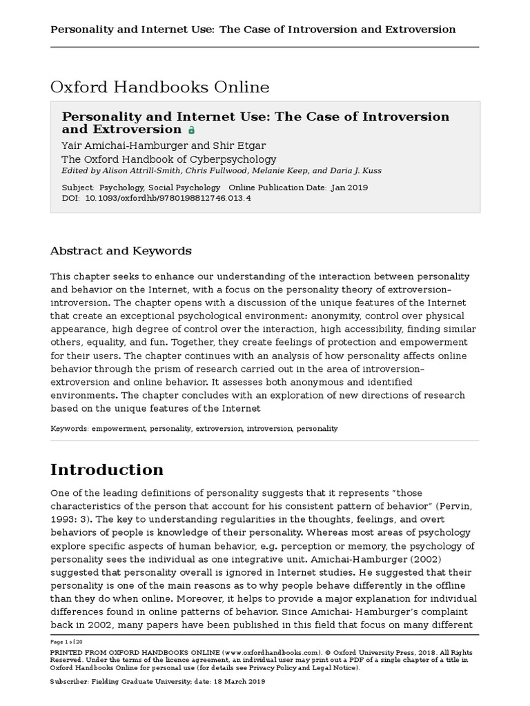 Personality and Internet Use The Case of Introversion and Extroversion ...